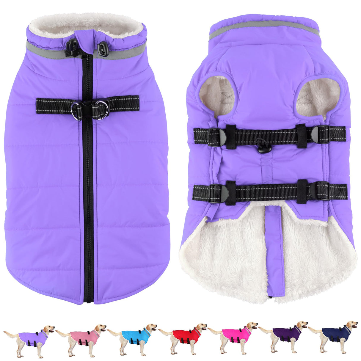 Dogcheer Dog Coat with Harness, Waterproof Dog Jacket Adjustable Winter Coat with Zipper, Christmas Puppy Snow Jacket Fleece Sweater for Small Medium Large Dogs - Taro Purple 3XL