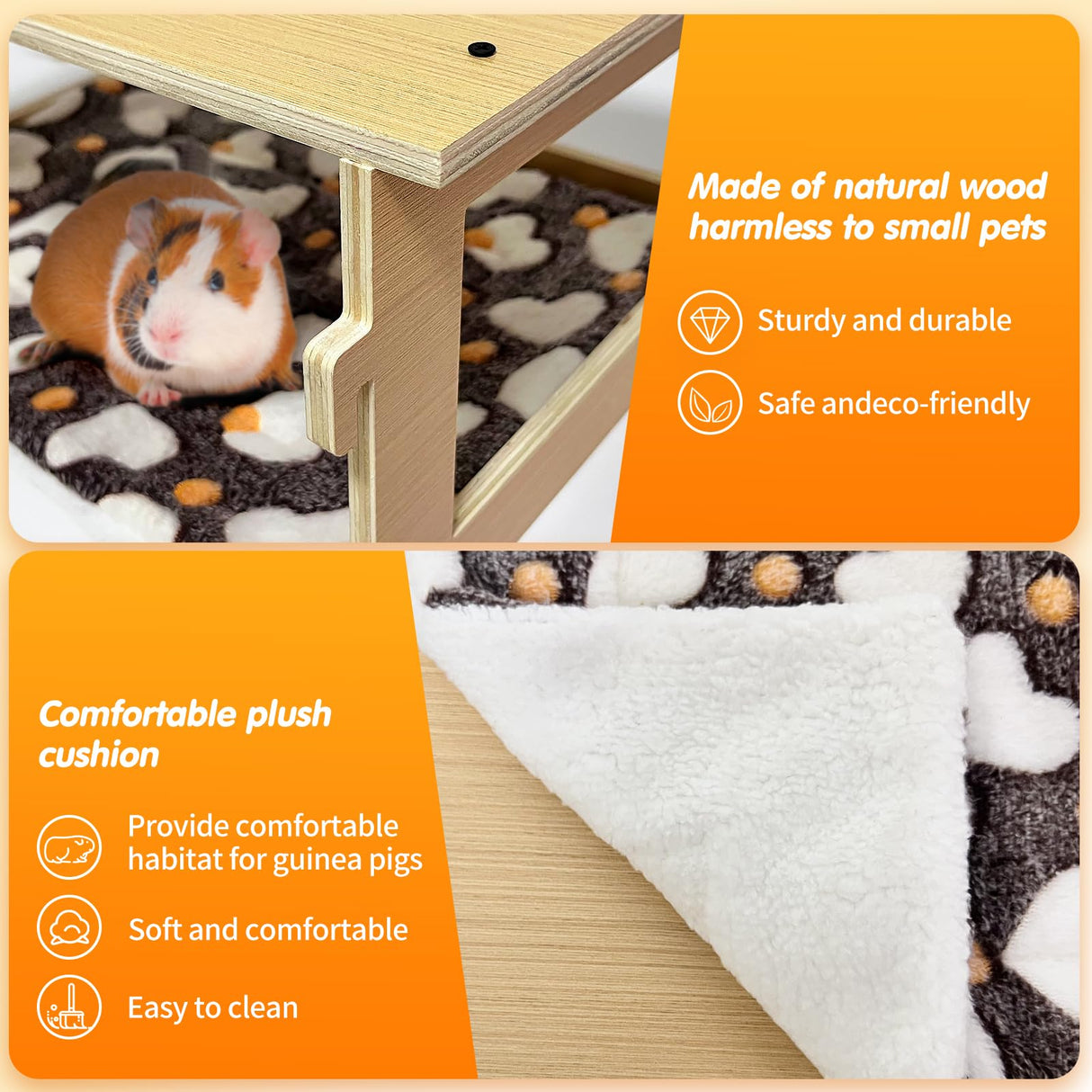 DCIAER Guinea Pig Hideout,Natural Wood Removable Guinea Pig Bed, Small Animal Habitat with Hanging Hammock/Staircase/Cushion, Suitable for Small Animals to Hide, Rest, Play