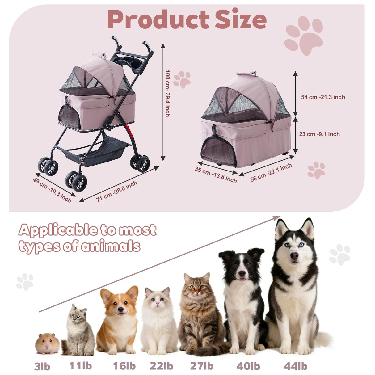 4 Wheels Pink Foldable Pet Stroller with Storage Basket, Cup Holder & Breathable Mesh for Small/Medium Dogs and Cats