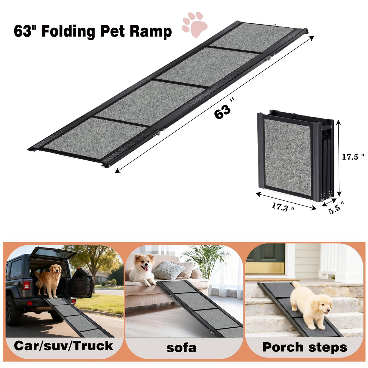 63" Long &17" Wide Heavy Duty & Portable Dog Ramp, Folding Pet Ramp for Large Dogs up to 250LBS, Non-Slip Car Ramp for SUV, Truck Easy Loading