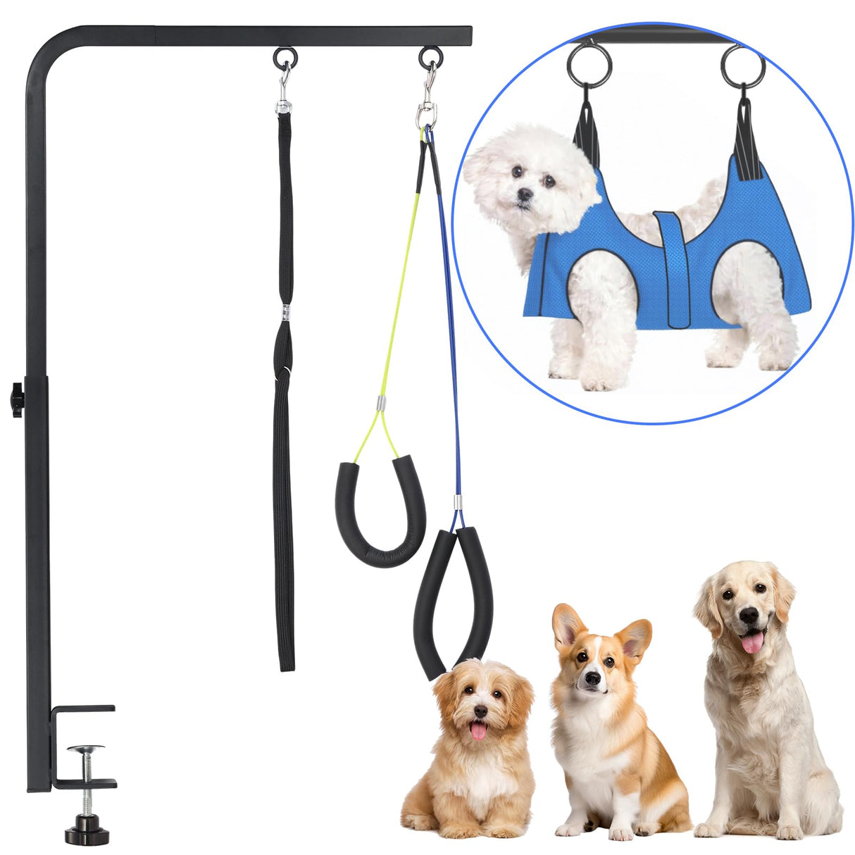 Dog Grooming Arm, Adjustable Pet Grooming Arm with Clamp for Small and Medium Dogs,Grooming Loop and No Sit Haunch Holder (Black, 29" H Arm + Heavy Duty Clamp + Hammock)