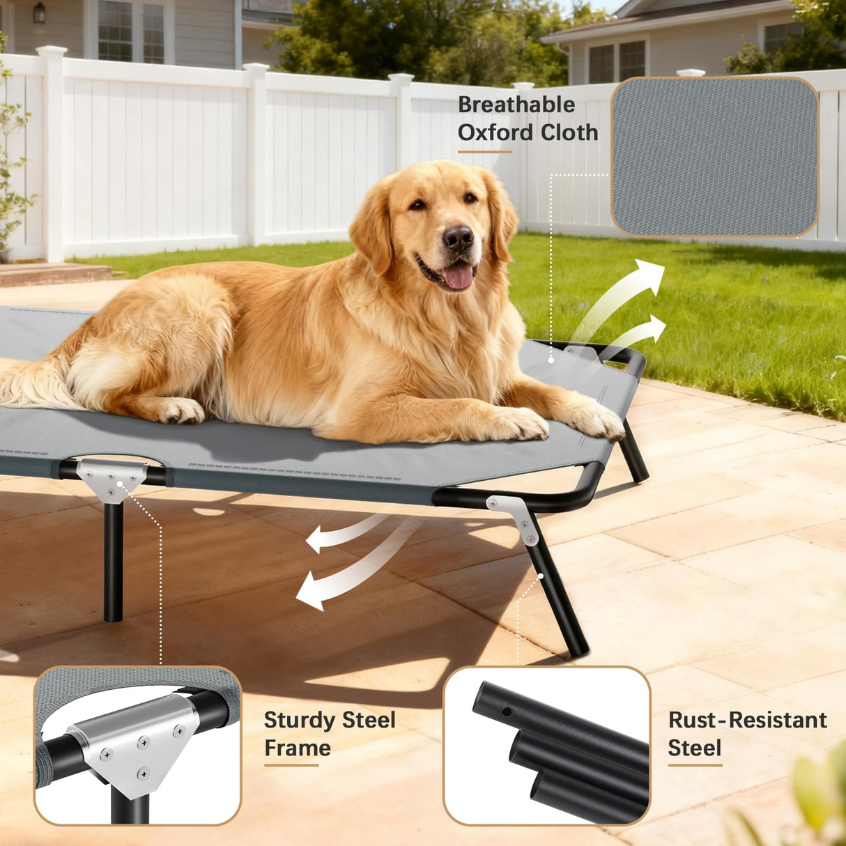 Folding Elevated Dog Bed for Large Dogs, Portable Raised Camping Outdoor Dog Bed, Washable Elevated Pet Beds with No-Slip Feet, Raised Cooling Pet Beds for Indoor & Outdoor Use, Grey, 44 Inches