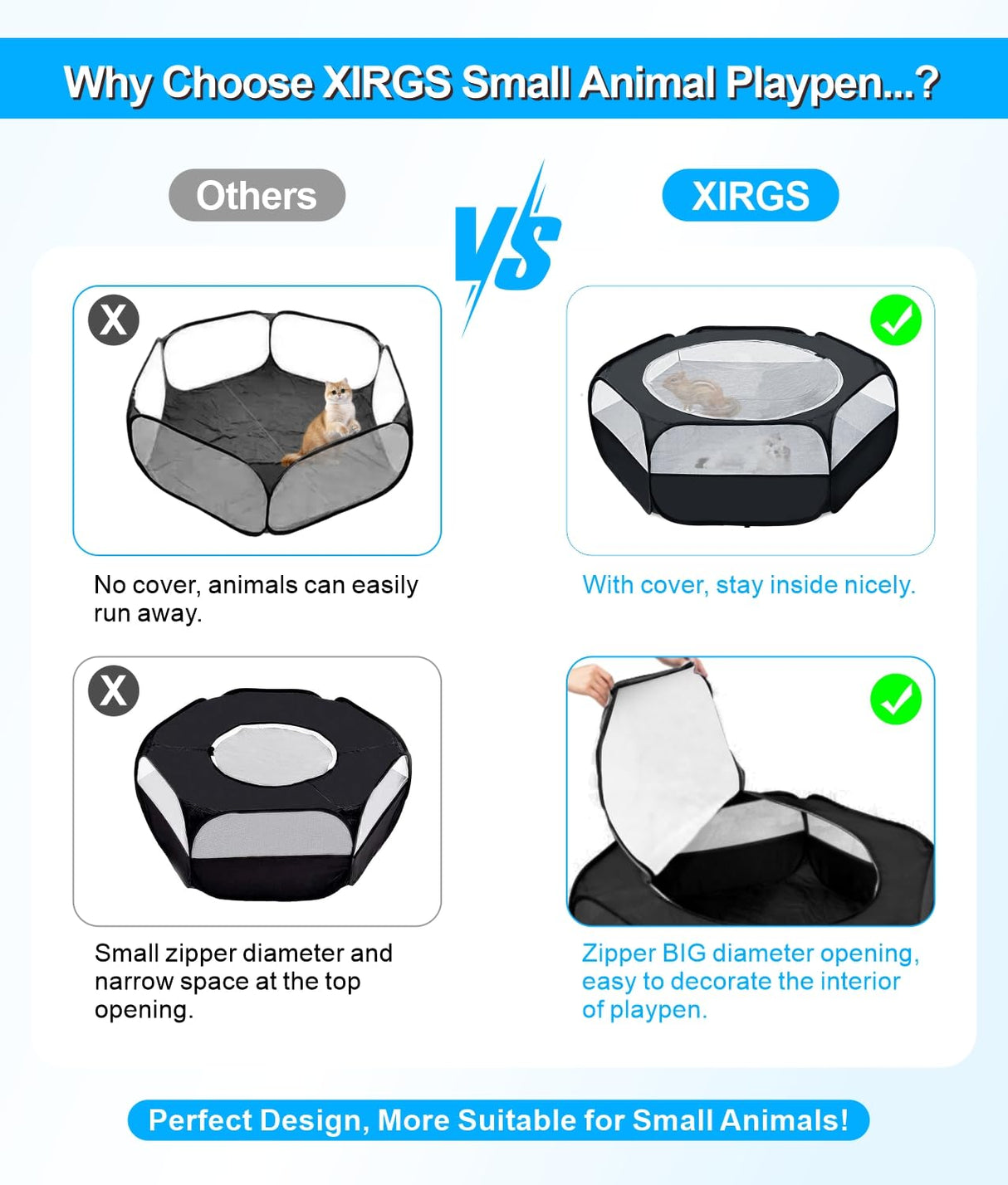 Small Animal Playpen with Cover, Portable Pop Up Pet Enclosure for Rabbits, Guinea Pigs, Hamsters, Chinchillas, Ferrets & Kittens, Indoor Outdoor Waterproof Play Pen, Cage Tent & Chick Brooder Box