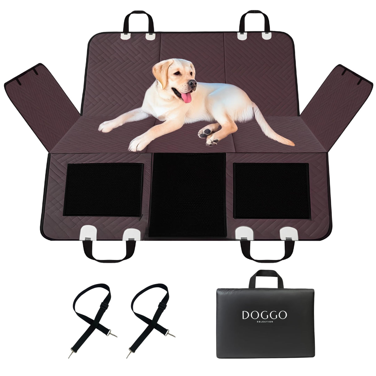 DOGGO Selection Back Seat Pet Cover for Dogs, Premium Dog Hammock for Car with Hard Bottom | Universal Car Seat Protector, Waterproof & Washable | Dog Car Seat Cover for Large (Brown)