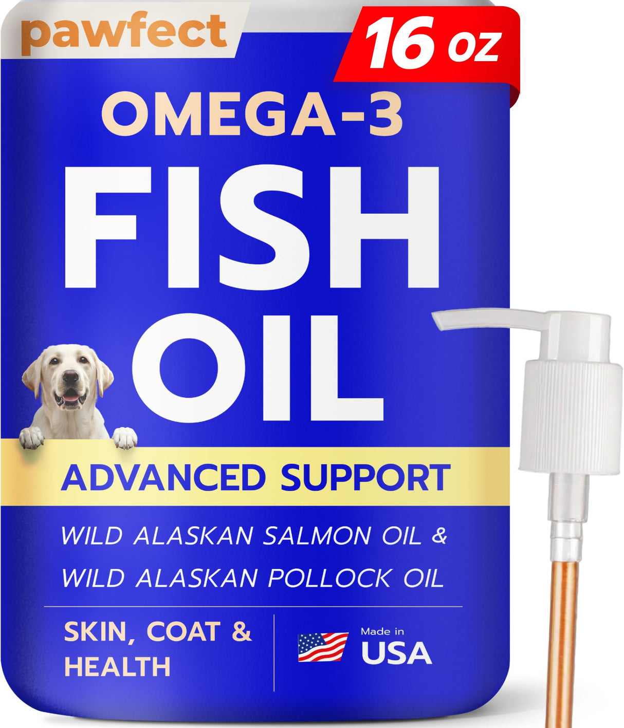 PAWFECTCHEW Fish Oil for Dogs - Natural Omega-3 - Skin & Coat Support - Liquid Food Supplement for Pets - Natural EPA + DHA Fatty Acids for Joints, Immune & Heart Health 16oz - Pollock & Salmon Oil