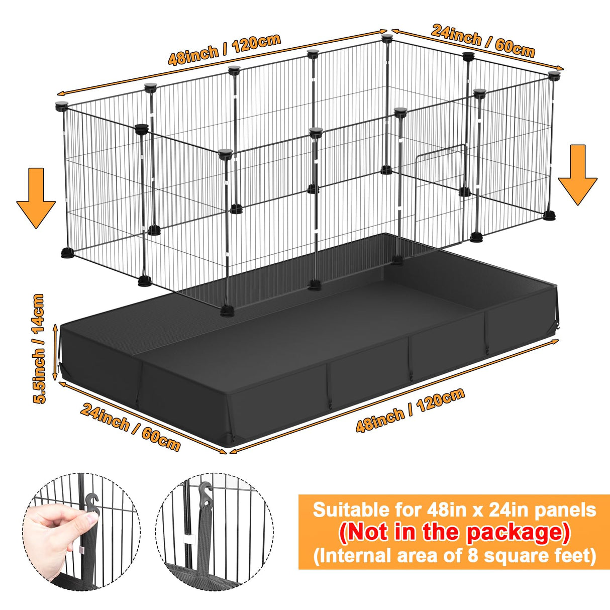 Tresbro Guinea Pig Cage Liner with One-Hand Release Hook & Thickened Corner, 48''L x 24''W Waterproof & Washable Mat (Without Cage) for C&C Grids Guinea Pig Hedgehog Bunny Habitat, Rabbit Cage Liner