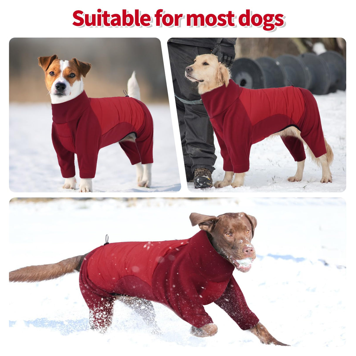 BRKURLEG Full Body Dog Winter Coat Warm Fleece Pullover Pajamas, Four Legs Covered Windproof Dog Jacket for Small to Large Dogs, Turtleneck Dogs Snowsuit, Pet Cold Weather Clothes, Red XXXL
