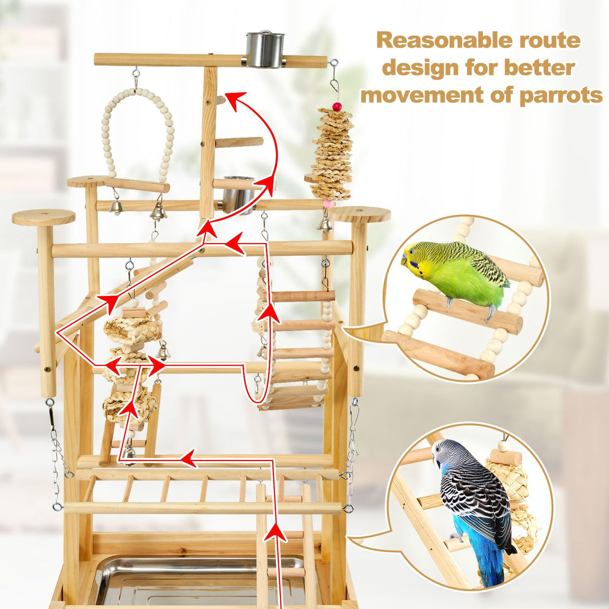 LIMIO Bird Playground - Natural Wood Parrot Playstand with Perches, Bird Play Gym & Accessories, Removable Tray & 4 Stainless Steel Cups