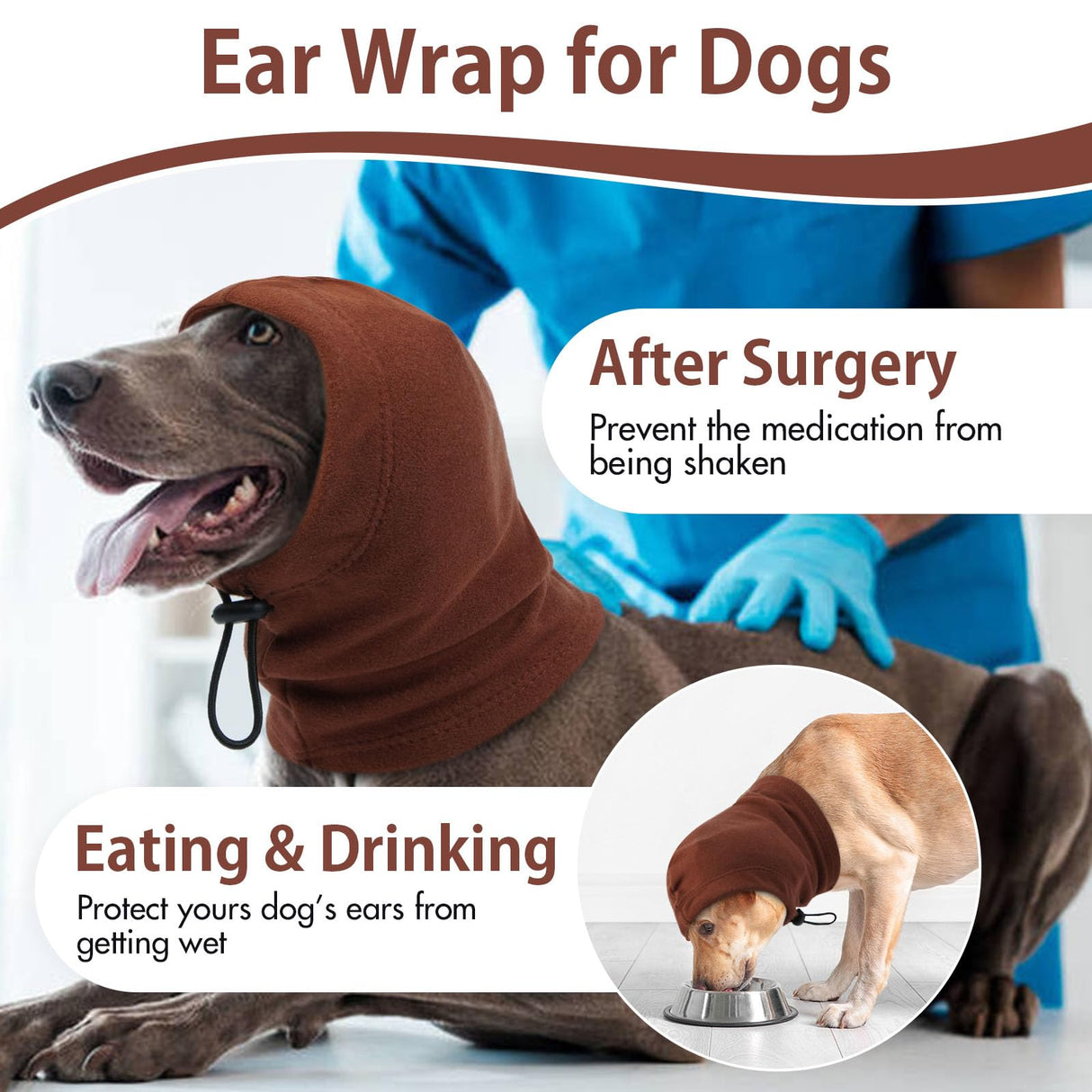 IDOMIK Dog Calming Hoodie,Ear Wraps for Dog to Calm Anxiety,Doggy Ears Head Cover for Noise Protection,Snoods for Pets Grooming Force Drying Fireworks,Pet Hematoma Ear Wrap Headband,Coffee,L