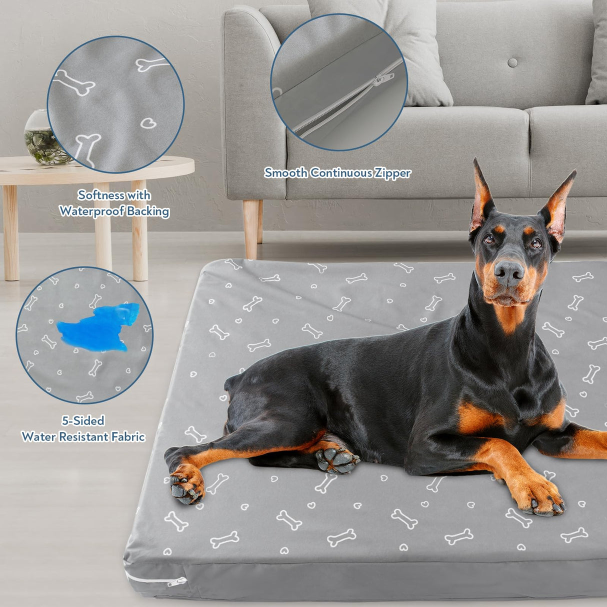 Waterproof Dog Bed Cover, Removable Dog Bed Covers Replacement Washable with Smooth Zipper, Indoor/Outdoor, Bone Print 44 x 54 x 4 Inch for Dog/Cat, Cover Only