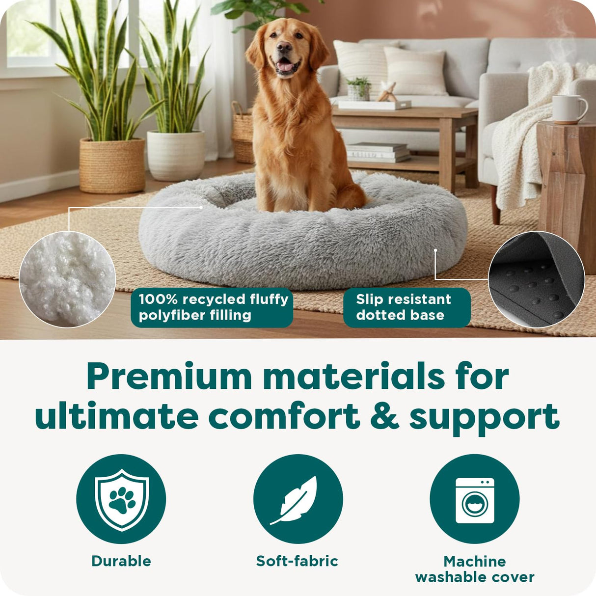 Furhaven 36" Round Calming Donut Dog Bed for Large/Medium Dogs, Refillable w/ Removable Washable Cover, For Dogs Up to 75 lbs - Shaggy Plush Long Faux Fur Donut Bed - Gray, Large