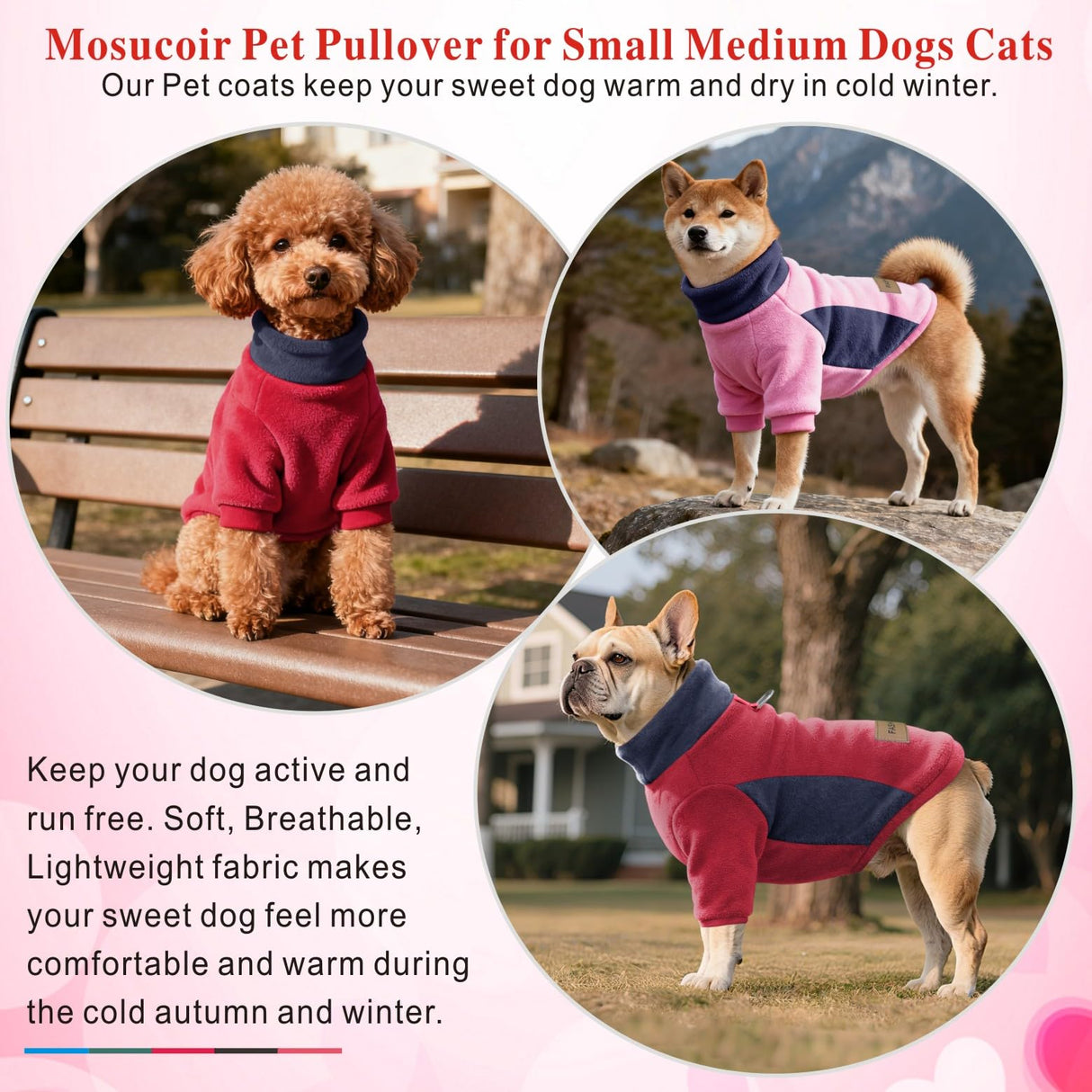 Mosucoirl Dog Fleece Sweater Hoodie Pet Warm Coats Cotton Sweatshirts Winter Clothes Puppy Pullover Jacket Dog Jumpsuit for Small Medium Dogs Cats Teddy Poodle Chihuahua (Red&Pink, 2XL)