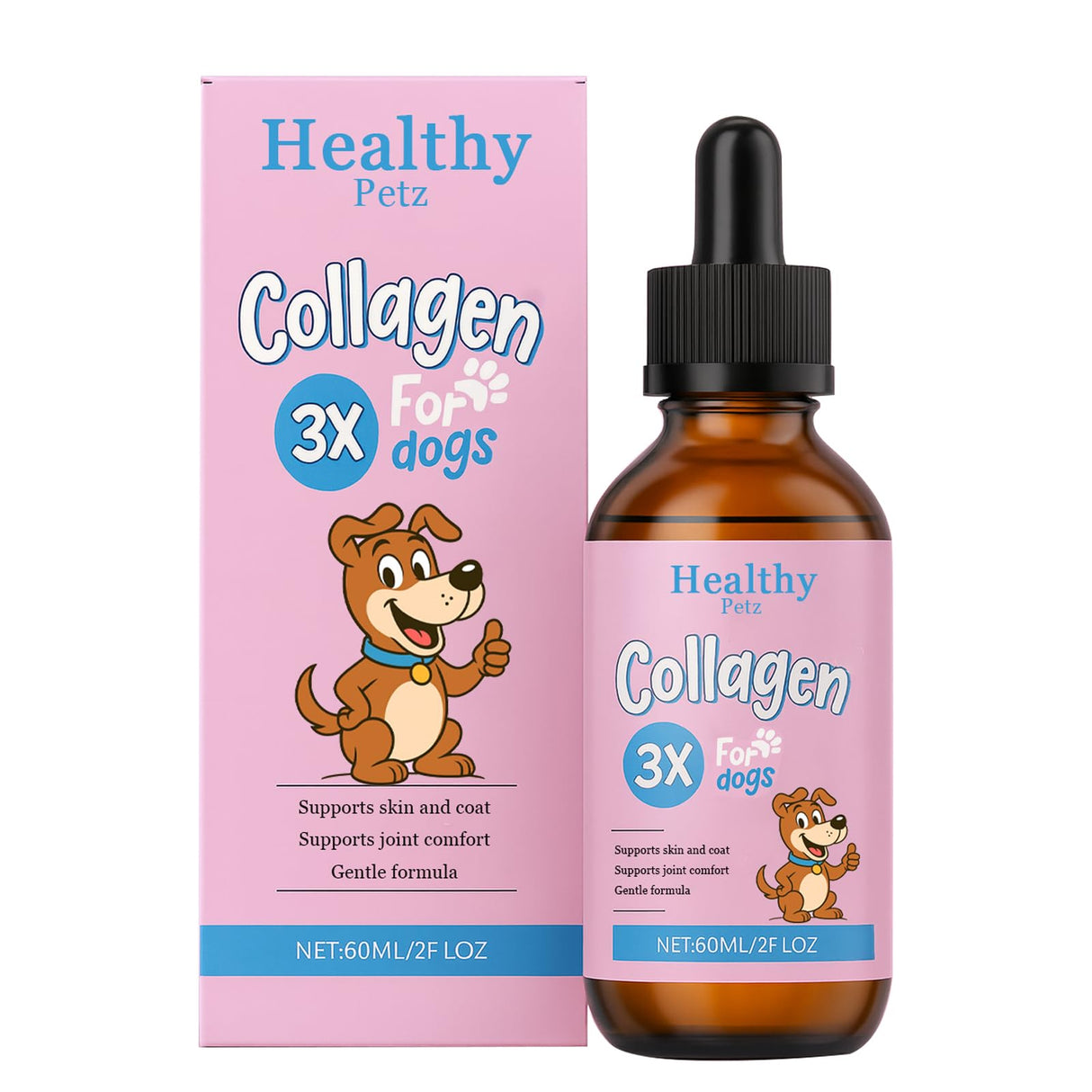 Healthy Petz Premium Liquid Collagen for Dogs - Skin & Coat Supplement with Hyaluronic Acid & Biotin, Supports Joint Health, Mobility & Hydration for All Dogs, Bacon Flavor - 2 fl oz (1)