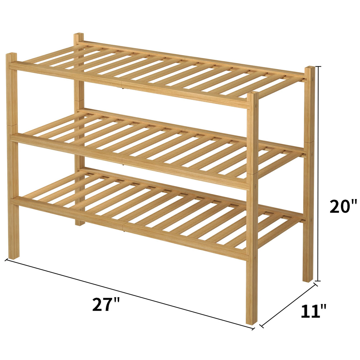 3 Tier Bamboo Shoe Rack for Closet Free Standing Wood Shoe Shelf Storage Organizer for Entryway Small Space Stackable 27"x11"x20" (Natural)