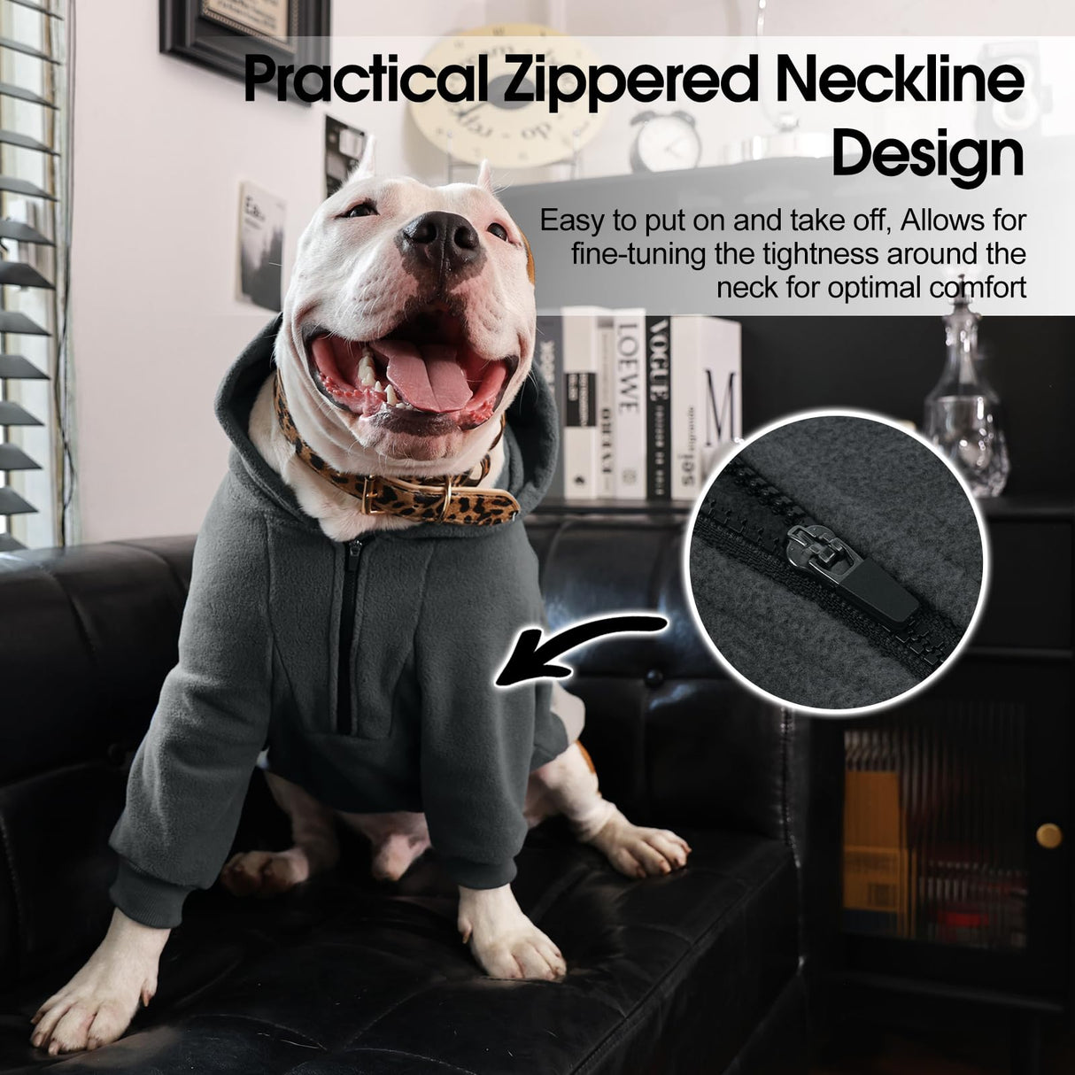 Nanaki Dog Hoodies for Large Dogs Sweatshirt with Pocket-Warm Fleece, Long Sleeves Adjustable Zip Collar-Comfort Pet Sweater for Labrador, Large Sweatshirt Winter Coat for Fall Winter Spring Grey 2XL