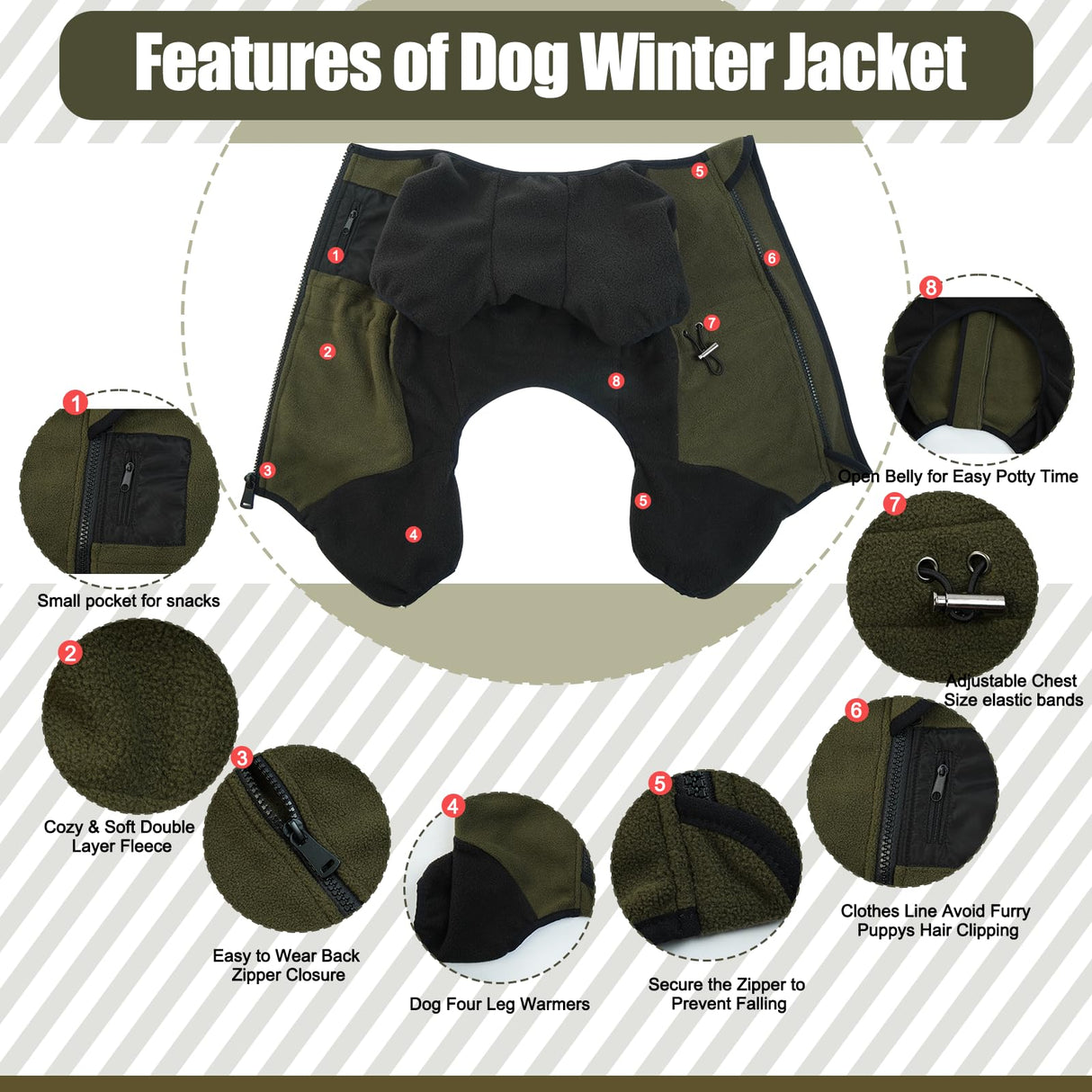 DENTRUN Dog Winter Coat, Warm Fleece Jacket, Turtleneck Dog Sweater, Cold Weather Outfit, Thermal Bodysuit, Soft Jumpsuit
