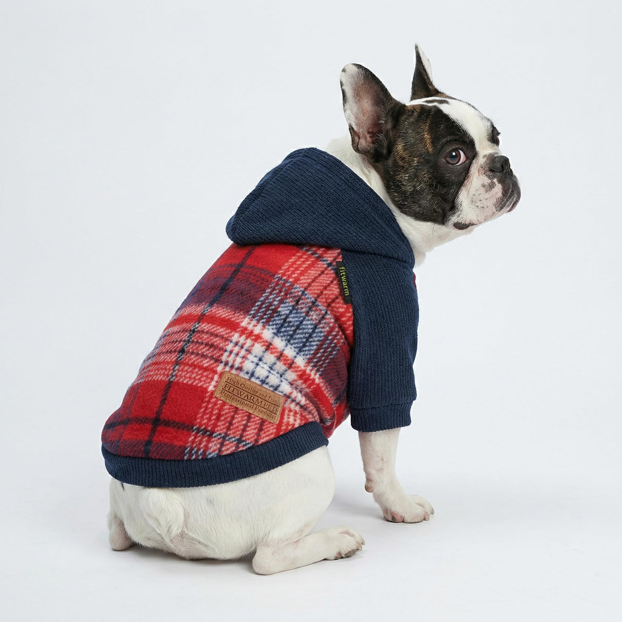 Fitwarm Tartan Plaid Dog Hoodie, Knitted Dog Clothes for Small Dogs Boy, Pet Sweater with Hood, Cat Fleece Lined Winter Outfit, Red, Navy Blue, XL