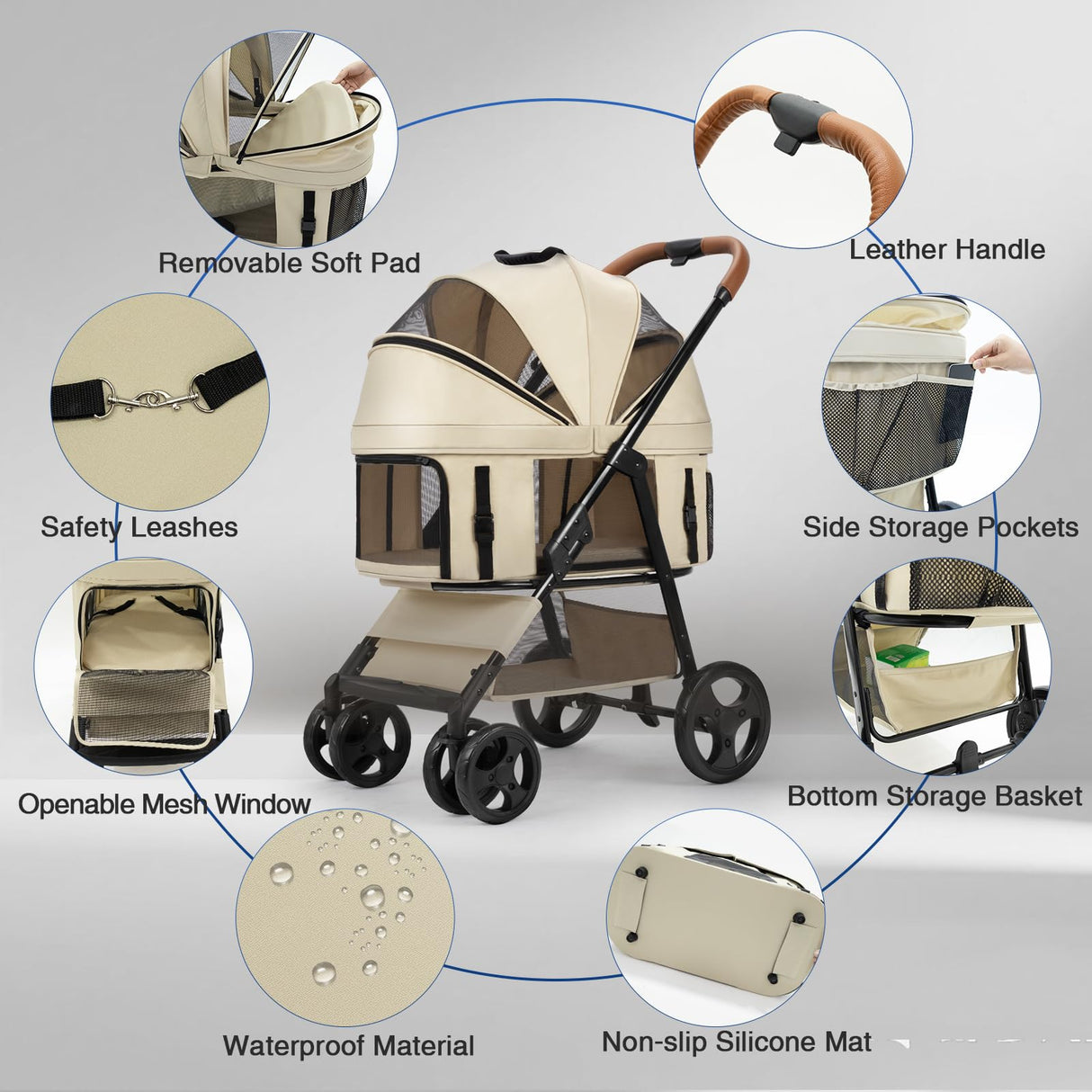 4 Wheels Pet Stroller for Small/Medium Dogs and Cats,Dog Stroller with Detachable Carrier and Storage Basket,One Click Folding, Compact Portable,Up to 50lbs,3 in1 Multifunctional(Khaki)