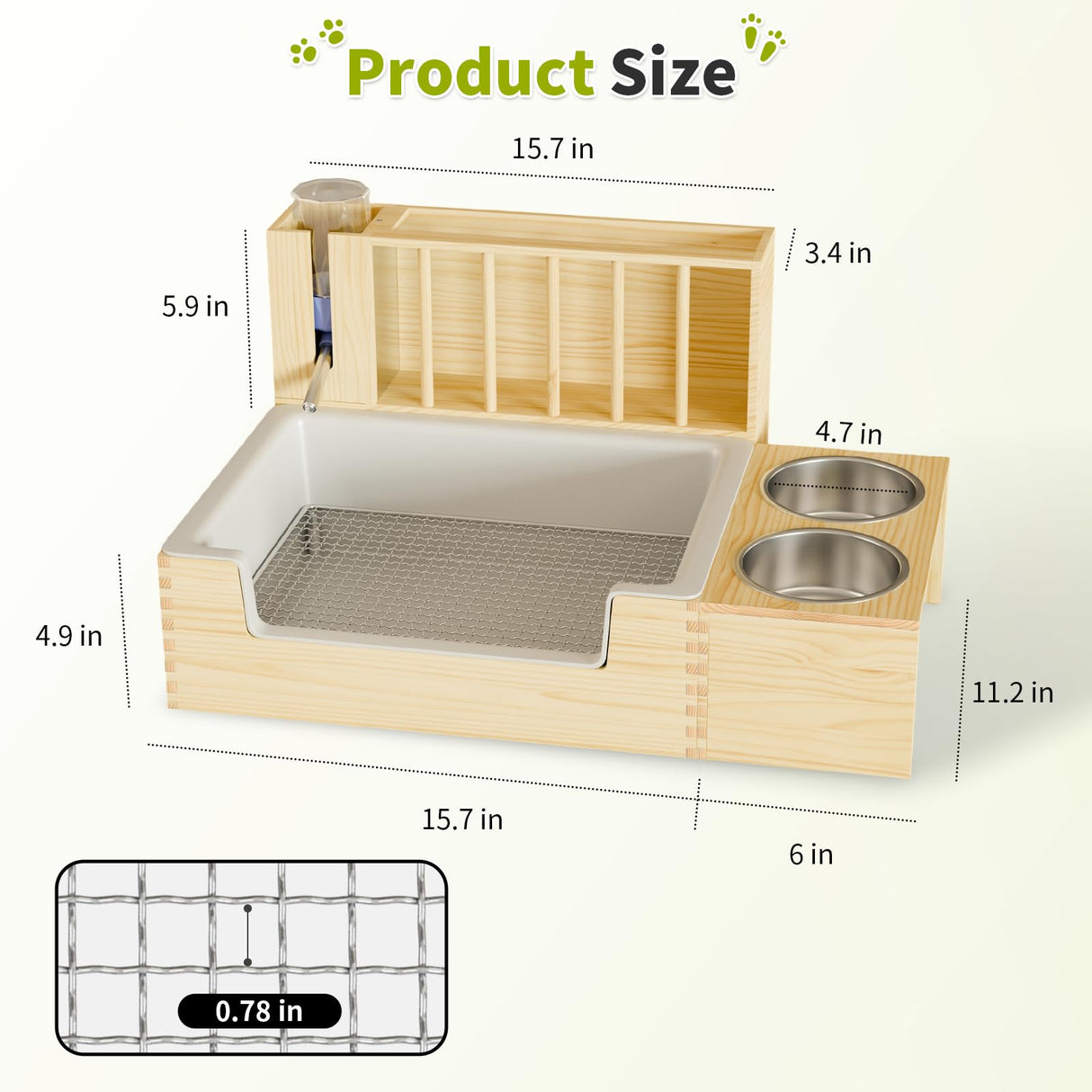 Chloraeon 4-in-1 Waterproof Wooden Rabbit Litter Box with Hay Feeder, 2 Food Bowls, and Water Bottle | Large Capacity, Waste-Preventing Design for Rabbits, Guinea Pigs, Chinchillas, and Small Animals