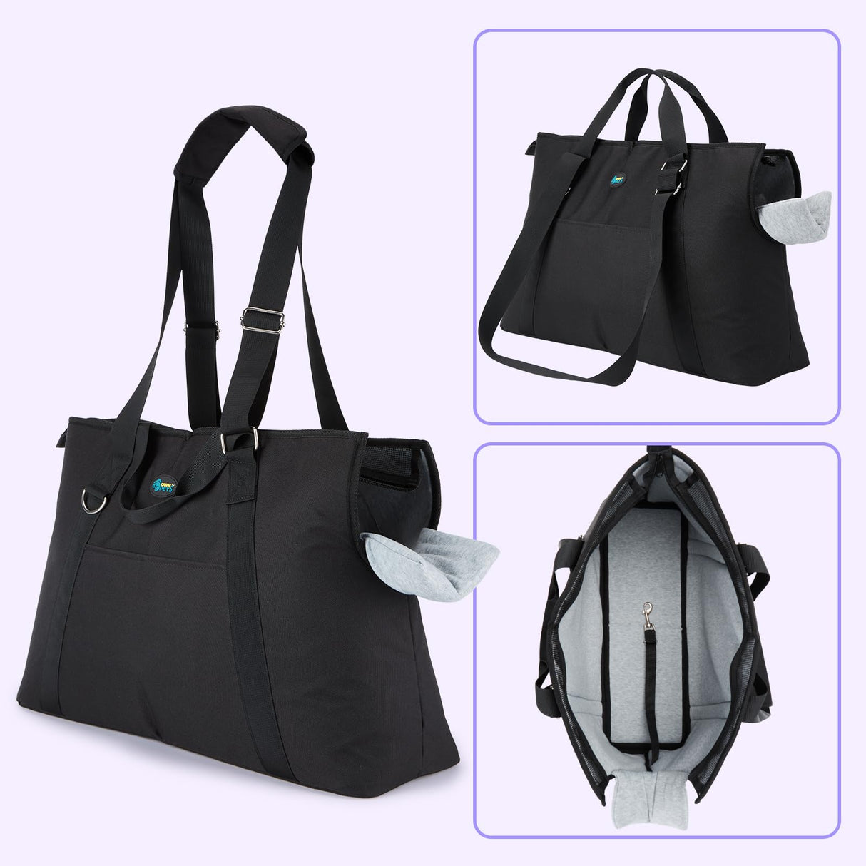 Ownpets Dog Purse Carrier, Carrier with Pockets for Medium Puppies for Travel Vet Shopping, Fits 18-20 lbs, Cat and Dog Tote Bag, Women's Hands-Free Pet Carrier Bag, (Black)