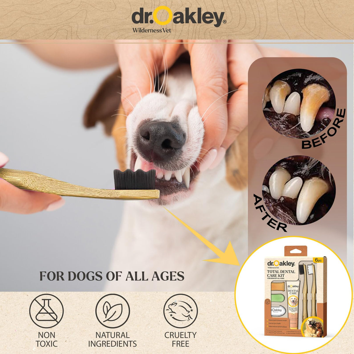 Dr. Oakley Total Dental Care Kit for Dogs: Peanut Butter Flavor - Toothpaste, Brushes, and Case, Natural