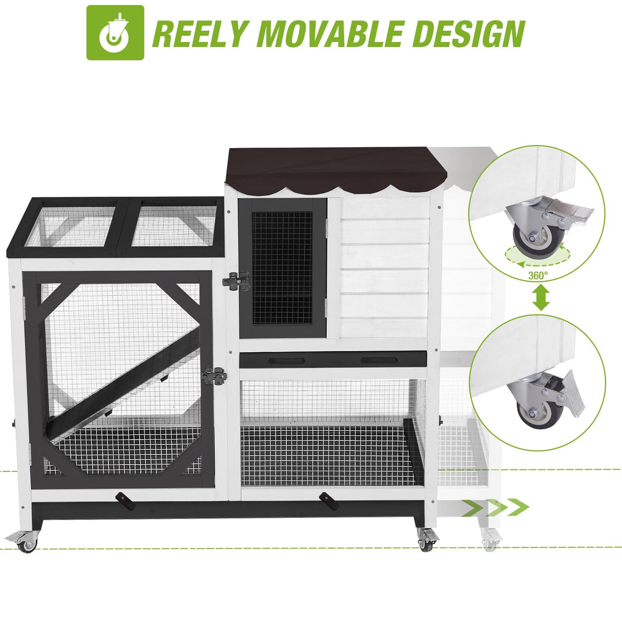 Gutinneen 2-Story Rabbit Hutch Bunny cage with Chew-Proof Ramp, Locking Leak-Proof Trays - Indoor/Outdoor 39.3" Wooden Rabbit Cage with Wheels for Rabbits, Guinea Pigs, Small Animal (Black and White)
