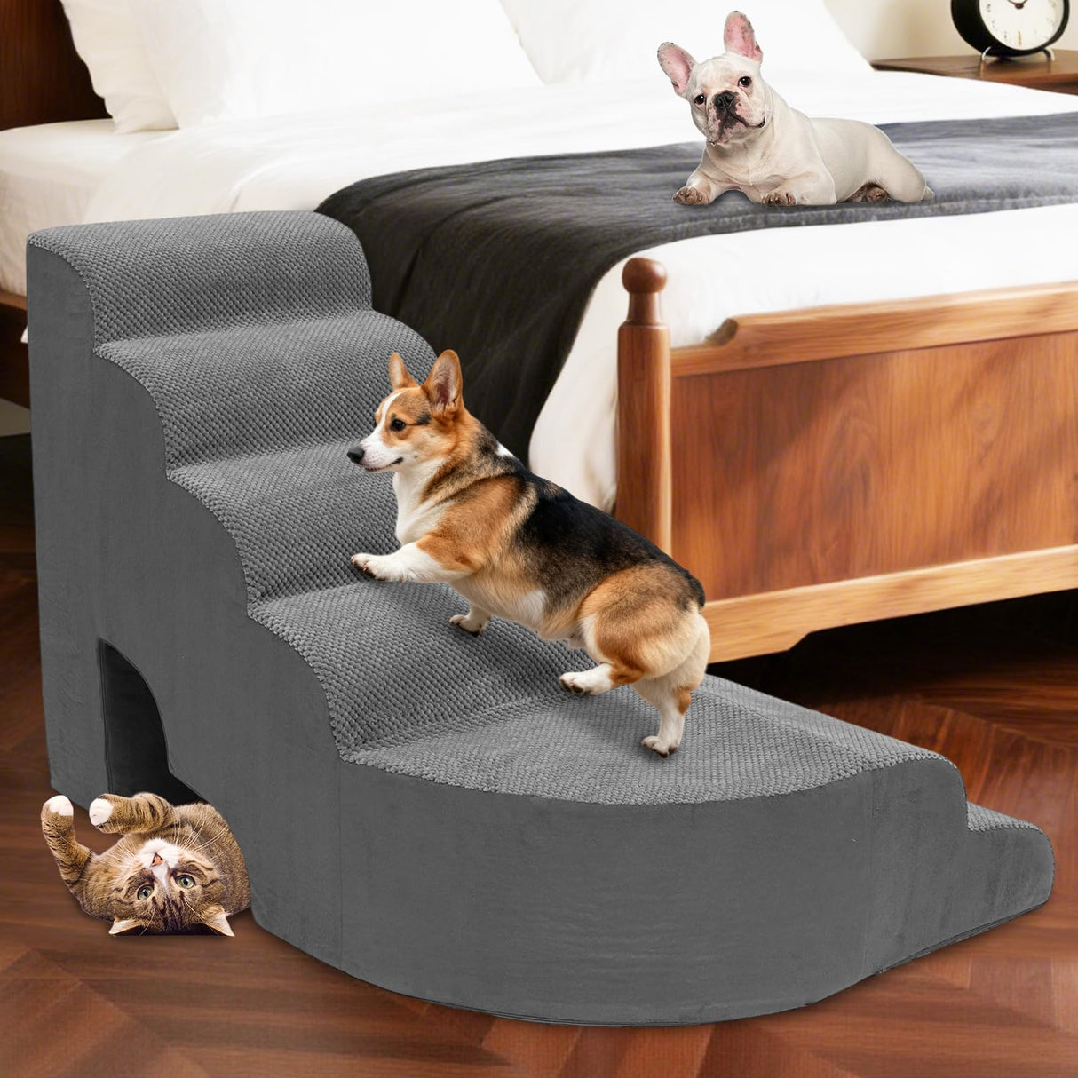 6 Tier Dog Stairs/Steps for High Bed, 27.5”H Non-Slip Pet Stairs Adjust to Left Side of Bed, Pet Steps for Small Dogs, Old Pets, and Injured Dogs, Gray