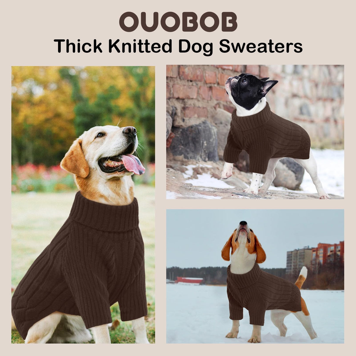 OUOBOB Large Dog Sweater - Turtleneck Thick Warm Doggie Christmas Sweater for Girl Boy Dogs (Brown L)