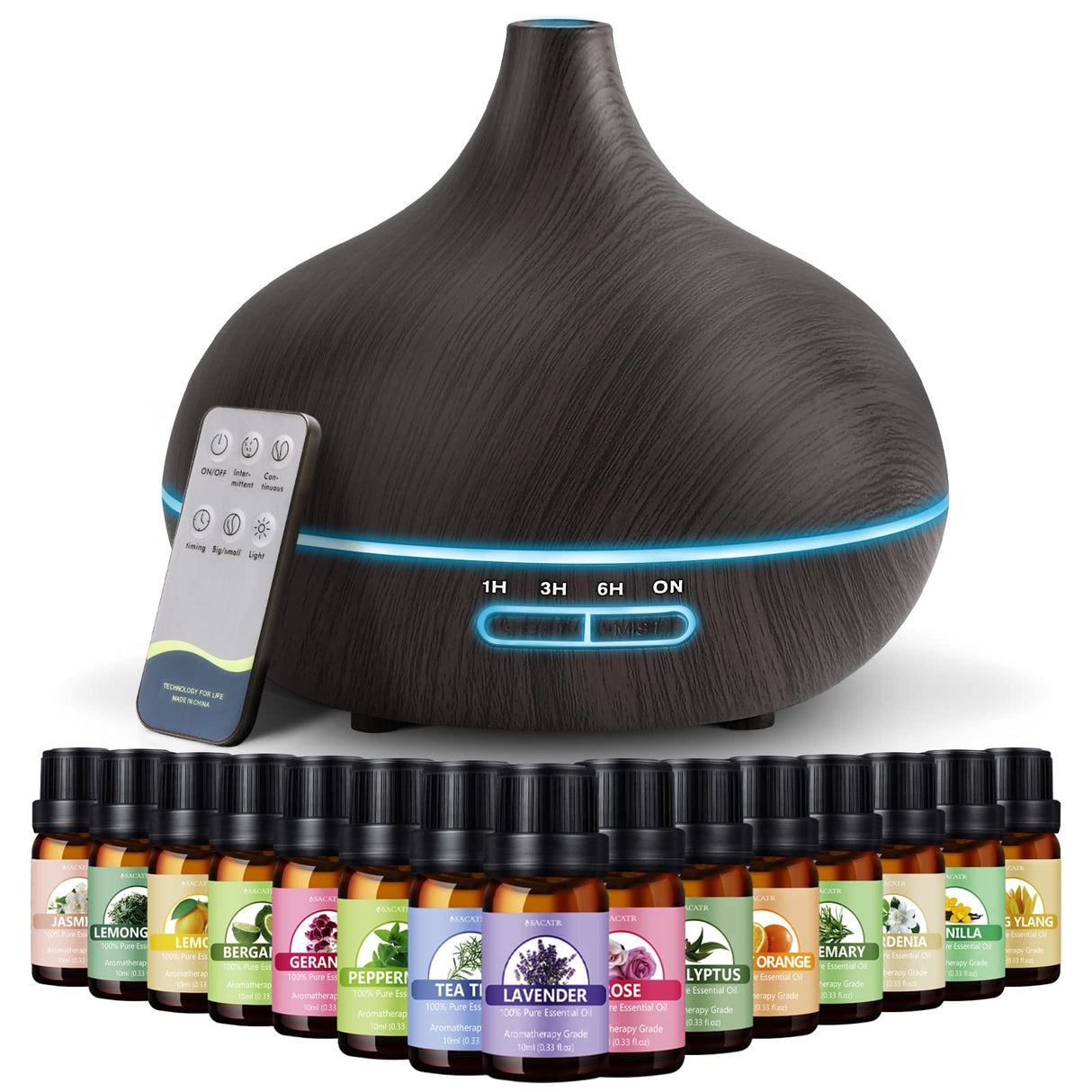 SACATR Essential Oil Diffusers,550ml Oil Diffuser with 15x10mL Essential Oils,Aromatherapy Diffuser with Ultrasonic Technology, Diffusers for Essential Oils Large Room, Home Office