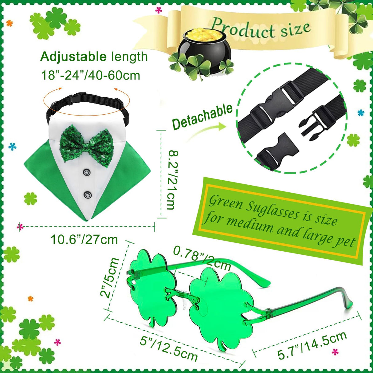 3PCS St. Patrick's Day Pet Costume Dog Top Hat Irish Tuxedo Bandana Green Collar Scarf Shamrock Sunglasses Kit Leprechaun Outfits for Medium Large Dogs Irish Party Lucky Dress Up Accessories