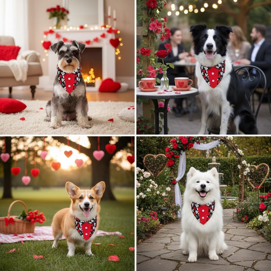 ADOGGYGO Valentine Dog Tuxedo, Red Black Heart Pet Bowtie Collar, Adjustable Valentine Bandana for Extra Large Dogs (XL)