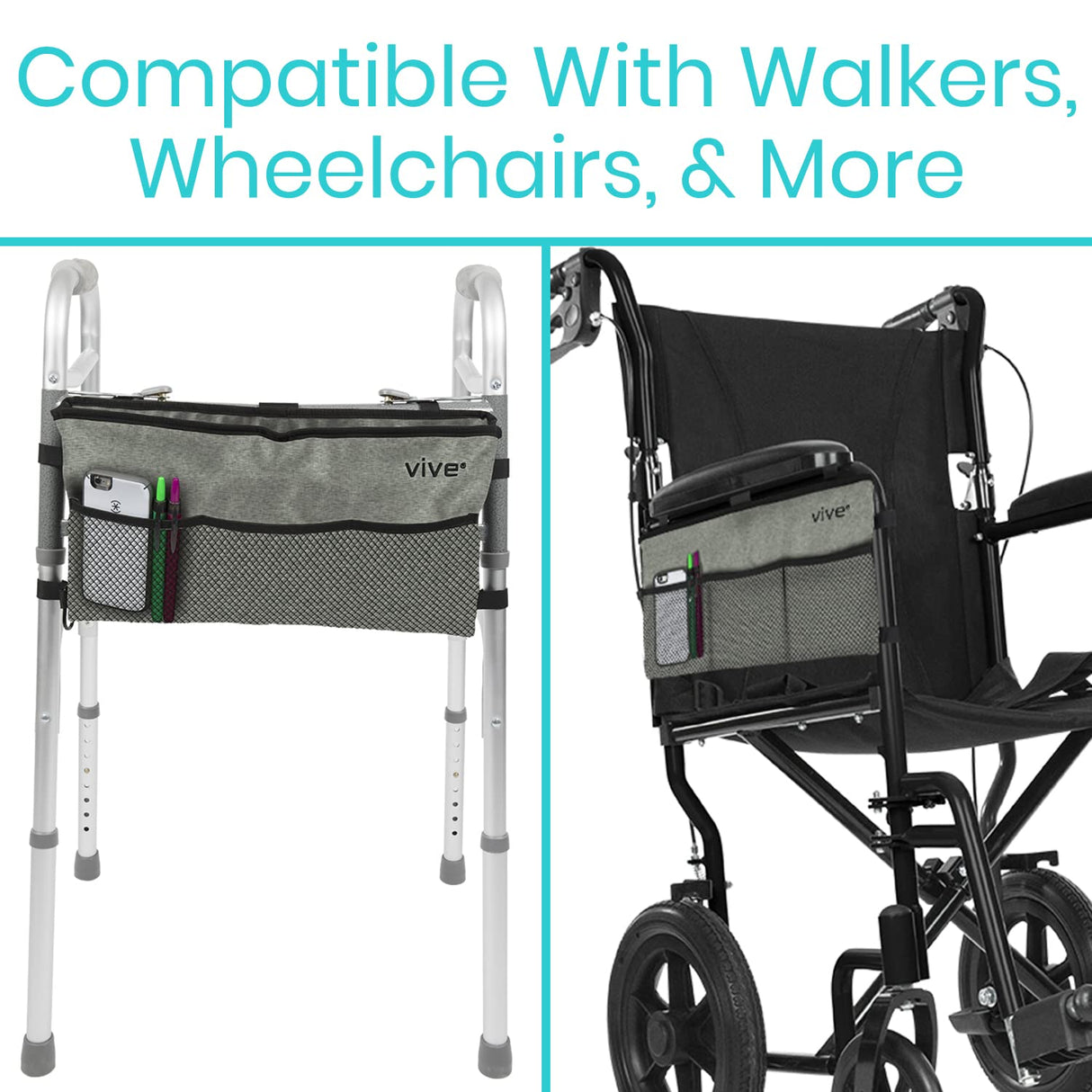 Vive Walker Bag - Accessories Wheelchair Basket Pouch (Water Resistant) - Seniors Caddy Accessory Attachment for Folding, Rolling Walkers - Carry Storage Carrier Tote - Lightweight, Universal Size