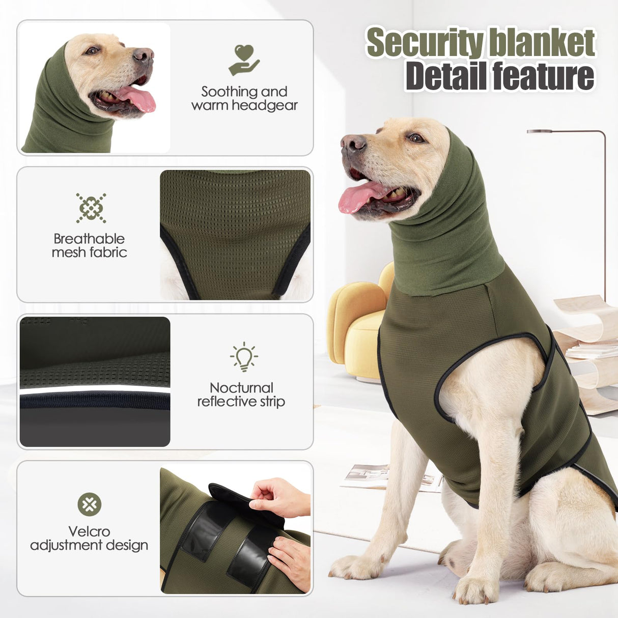 JOHNBOLIN Dog Anxiety Jacket, Dog Shirt with Turtleneck, Breathable Calming Vest, Indoor and Outdoor Separated Pet Jacket (Military Green, Medium)