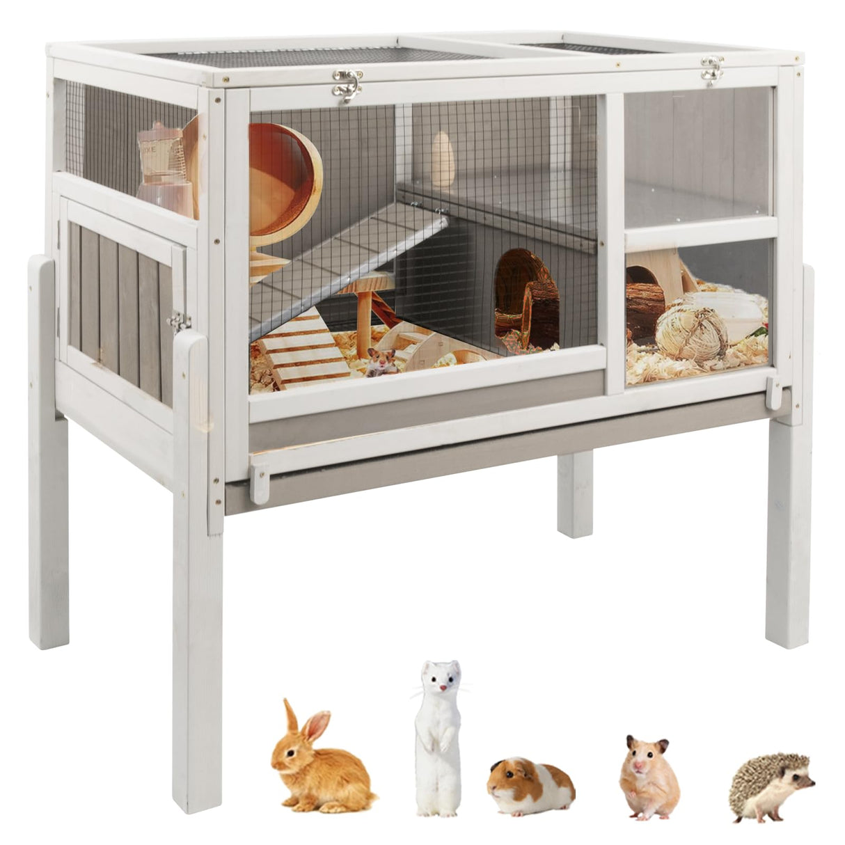 Ketive Guinea Pig Cages Indoor, Wooden Guinea Pig Cages with Stand, Rabbit Cage Hutch with Ramp and Hideout, Small Animals Cage Habitat with Not Leakage Pull Out Tray