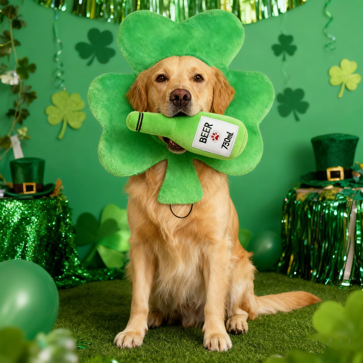 EXPAWLORER Dog St. Patrick's Day Outfit, Adorable St. Patrick's Day Costume Set Including Adjustable Green Shamrock Headband & Beer Plush Toy for Small Medium Pet Holiday Party Dress up