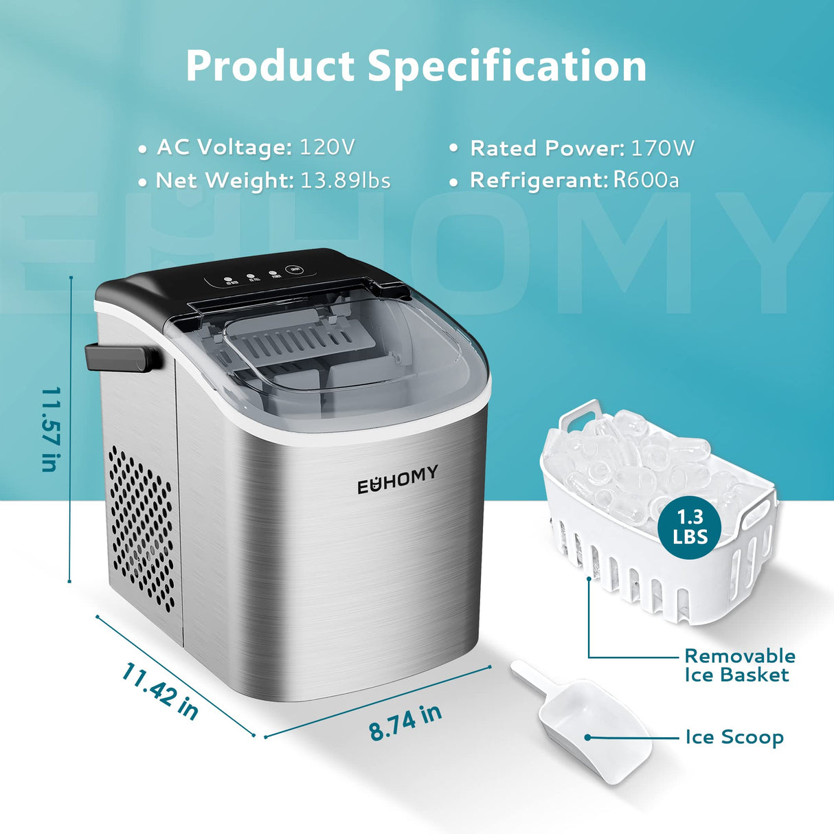 EUHOMY Countertop Ice Maker Machine with Handle, 26lbs Per Day, 9 Ice Cubes Ready in 6 Mins, Auto-Cleaning Portable Ice Maker with Basket and Scoop, for Home/Kitchen/Camping/RV (Silver)