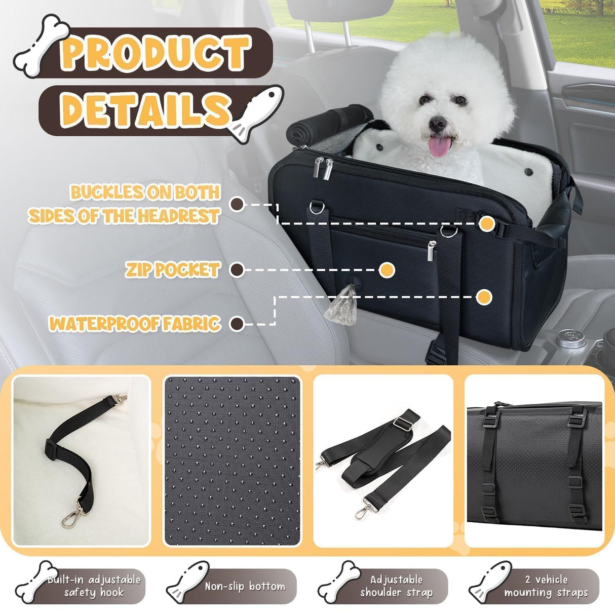 YUDODO 10-18lbs Large Console Dog Car Seat (Width>9in) Fits Truck & SUV, Luxury Puppy Cat Travel Portable Booster Seat with Removable Velvet Cushion, Anti-Slip Pet Car Bed Carseat PU Leather Black