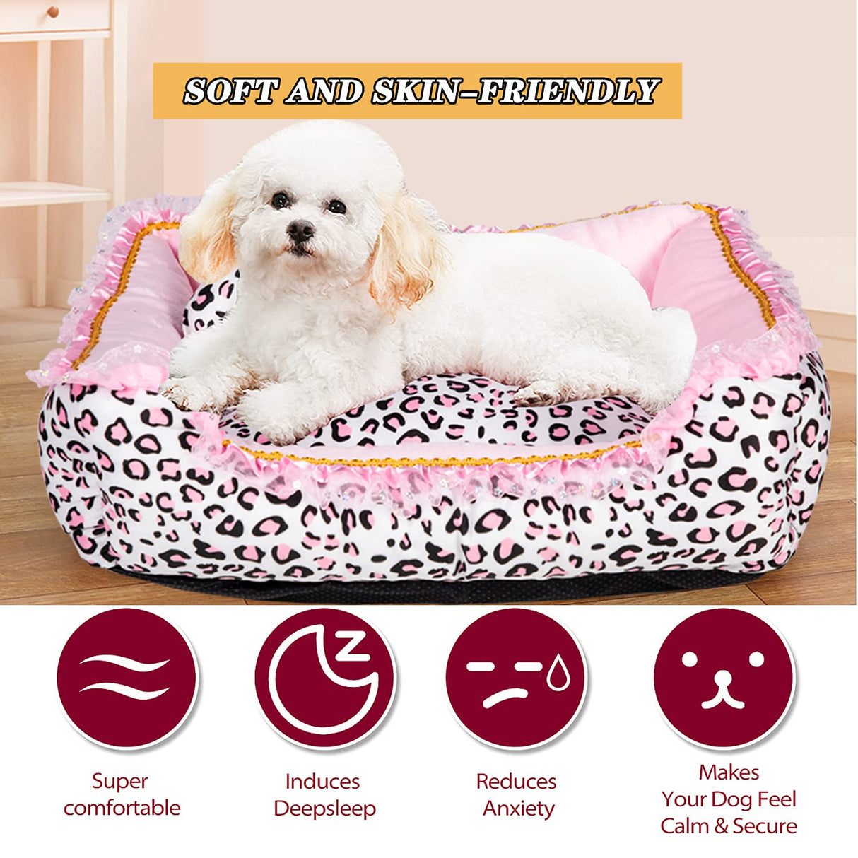 Gigreinc Dog Bed for Small Dogs - Cute Pink Leopard Dog Bed,Cat Beds for Indoor Cats Washable - Square Shape Cat Dog Sofa Bed Pet House Nest Cave(M, 20.8"L x 18"W x 5.5")