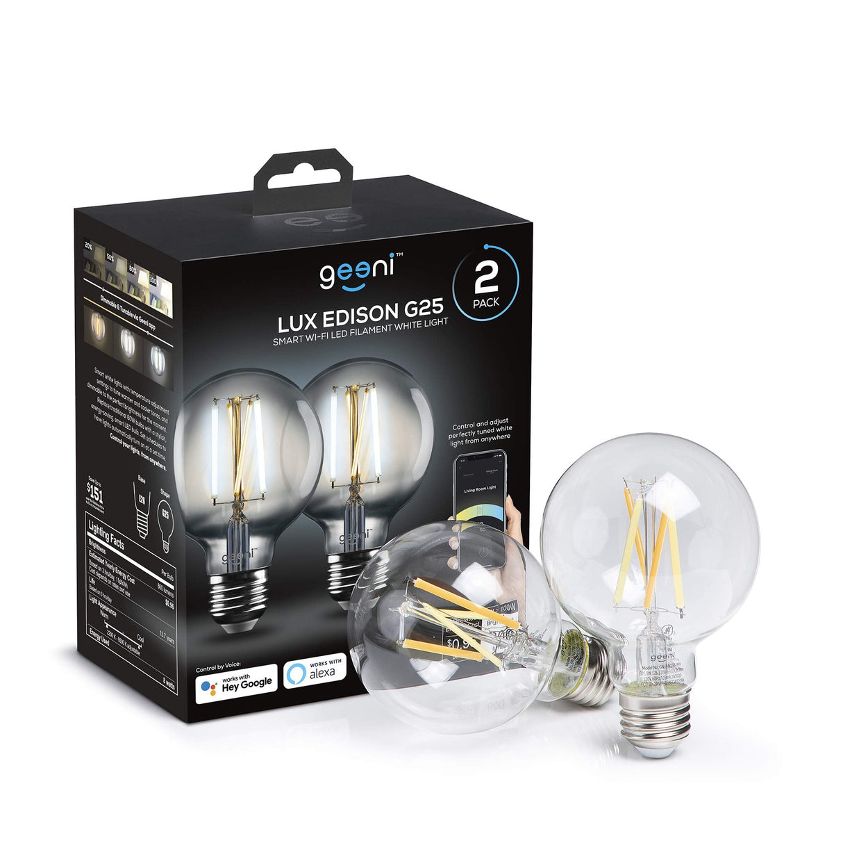 Geeni Smart Light Bulb - Alexa and Google Home Compatible, Tunable White LED Programmable and Dimmable WiFi Light Bulb, App Controlled (G25-2 Pack)