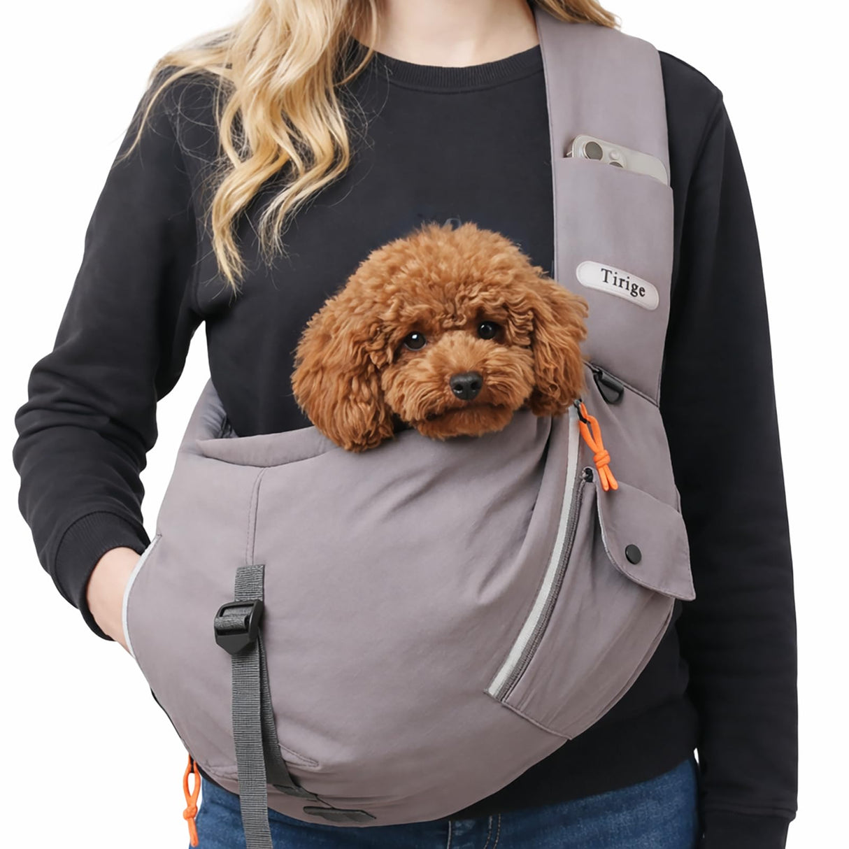Tirige Pet Sling Carrier for Small Dogs and Cats, Hands-Free Crossbody Bag with Safety Leash, Multiple Pockets, Gray, 5-15 lb