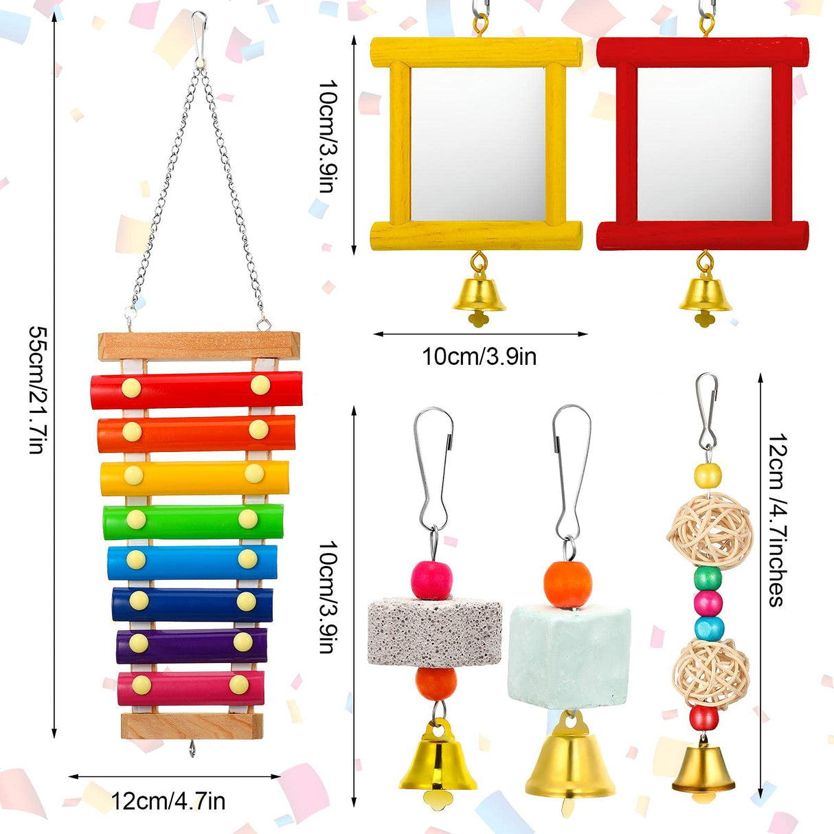 Sumind 6 Pieces Chicken Mirror Chicken Toys for Coop with Bells, Hen Xylophone Toy with 8 Metal Keys, Parrot Grinding Stone, Sepak Takraw Toy, Dangling Bird Toy