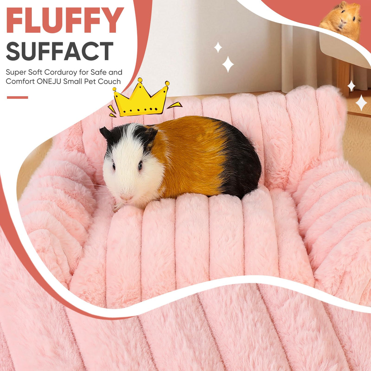 ONEJU Guinea Pig Couch - Fluffy Small Pet Sofa with with Two Removable Washable Covers, Guinea Pig Bed with Stuffed Arms and Back, Super Cozy Corduroy Fleece, Pink and Dark Gray Respectively