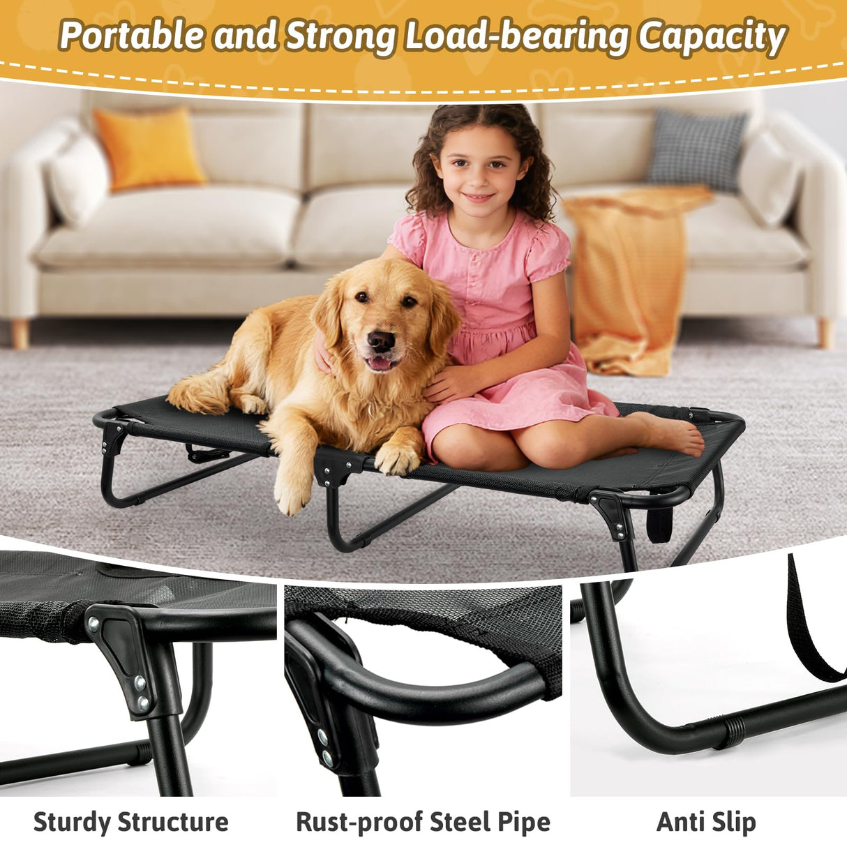 Loebelle Foldable Elevated Dog Cot, No Assembly Need, Waterproof Folding Raised Dog Bed, Outdoor Dogs Cot Cooling Pet Hammock Bed with Breathable Mesh for Small Medium Size Dogs, Chew-Proof, Black
