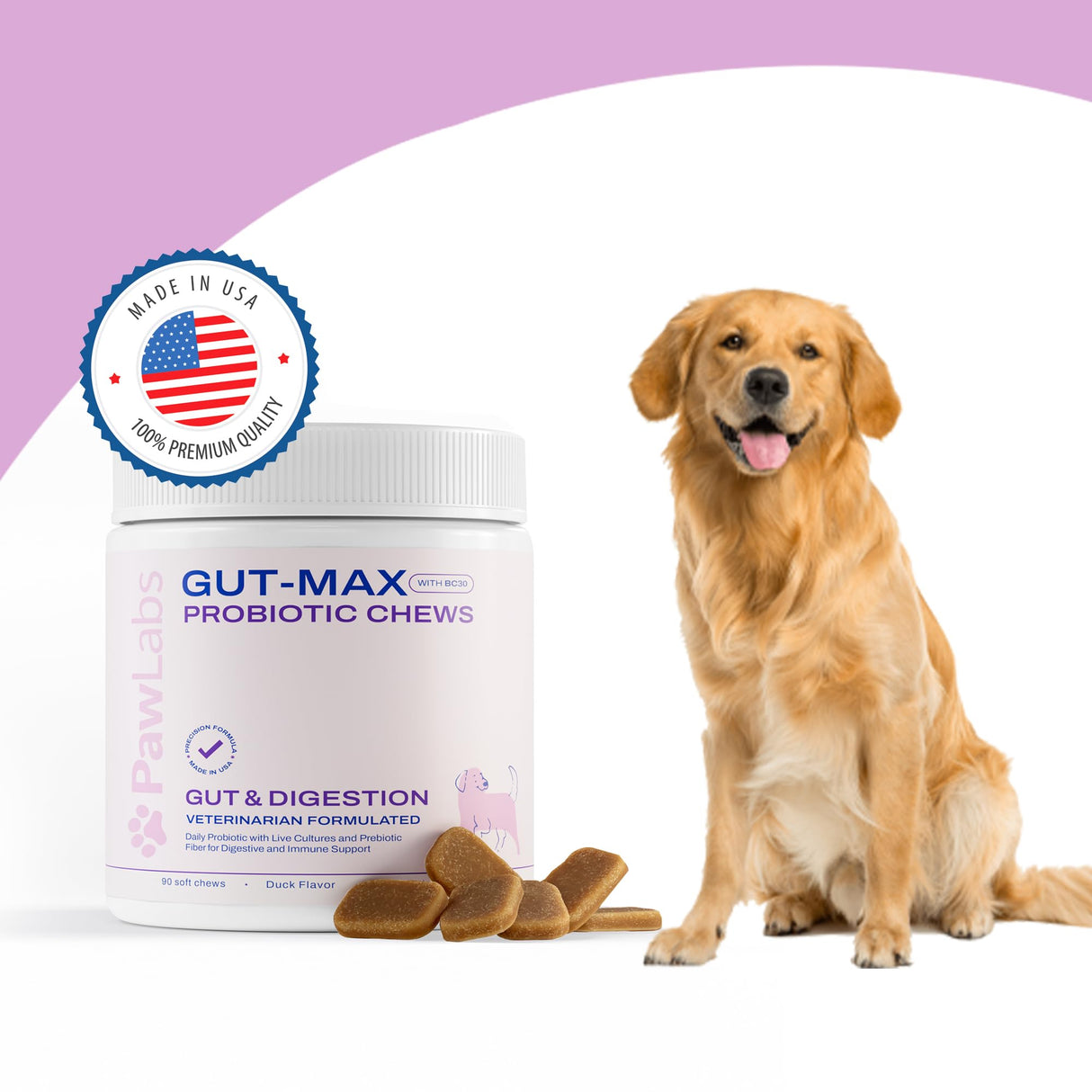 PAWLABS Gut Max Probiotic Chews - Natural, Vet Formulated Digestive & Immune Support - Relieves Diarrhea, Constipation - with Patented BC30™ Bacillus Coagulans - Duck Flavor - 90 Soft Chews