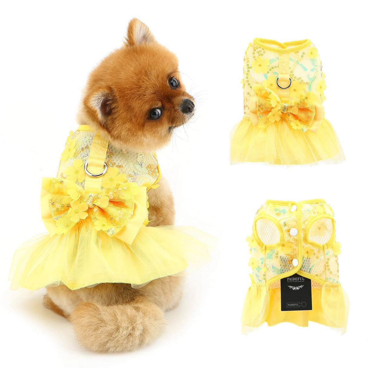 PAIDEFUL Dog Dress,Luxury Bow Princess Tutu Dresses for Girl Dogs Cute Fashion Mesh Pet Skirt with Sequins Flower Cat Puppy Clothes Wedding Party Outfits Chihuahua Apparel Button up D-Ring,Yellow,XL