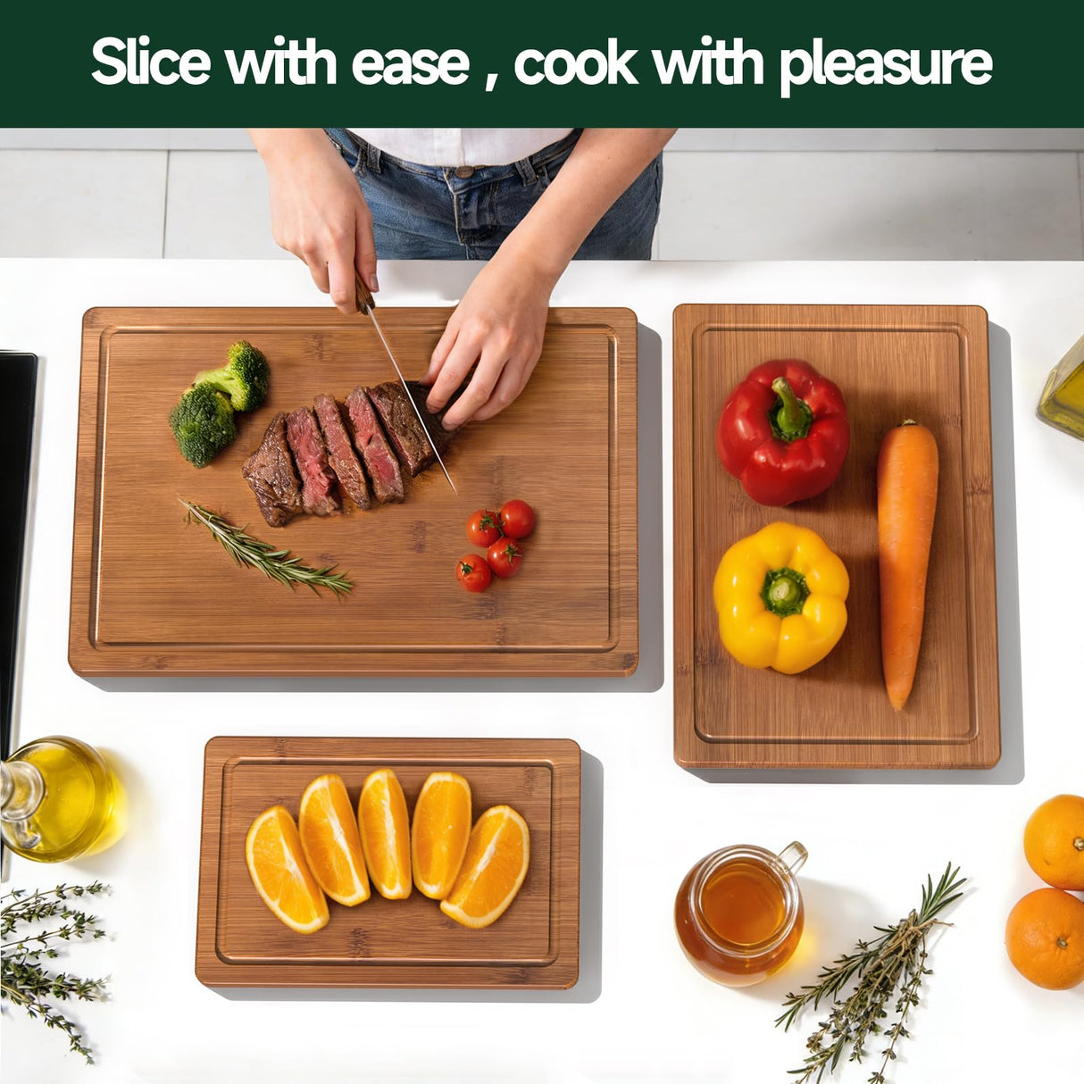 3-Piece Set Bamboo Cutting Board for Kitchen - Crack-Resistant Wood Chopping Boards with Deep Juice Grooves, Pre-Oiled Butcher Block for Meat, Vegetables & Cheese, Carbonized