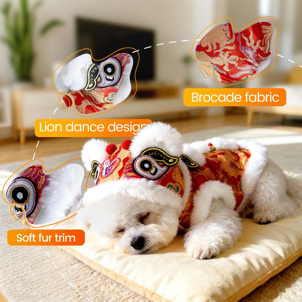 Cute Dance Lion Pet Costume with Red Sequins New Year Cat Dog Clothes Hoodies Coat Chinese Lion Dance Dog Costume, Spring Festival Pet Outfit (X-Small)