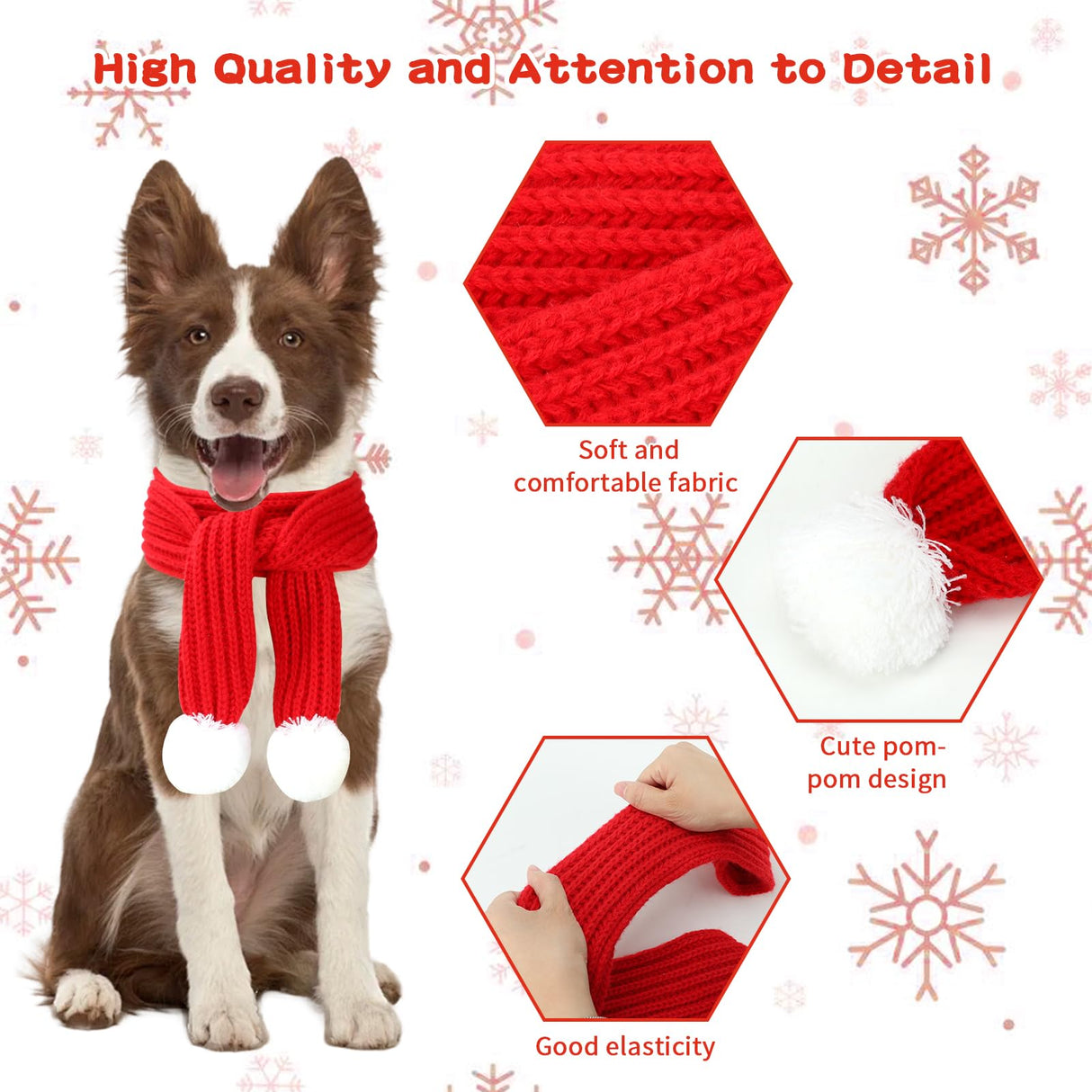 BWOGUE 2-Piece Knitted Dog Christmas Scarf & Bandana with White Pom Pom for Medium/Large Dogs - Winter Warm Holiday Pet Costume Accessory (Red, Green)