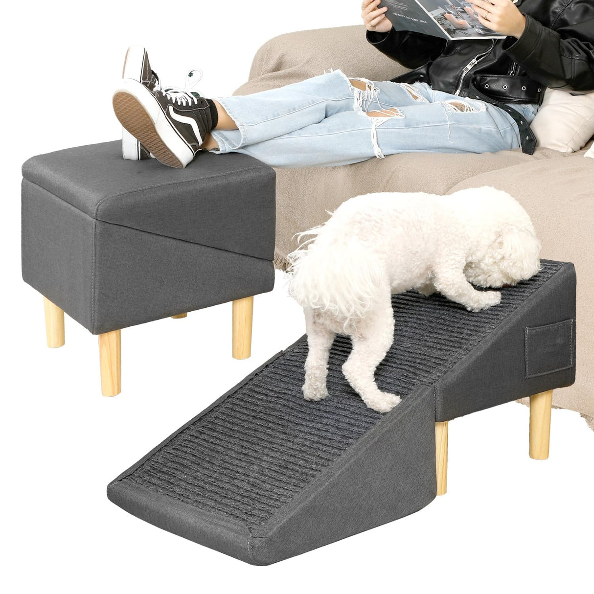 Dog Ramp for Dogs and Cats, 16" W 2-in-1 Split Ottoman Dog steeps for Bed,Solid Wood, Gentle 23 Incline, Foldable Pet Stairs for Large and Small Dogs (Dark Gray)