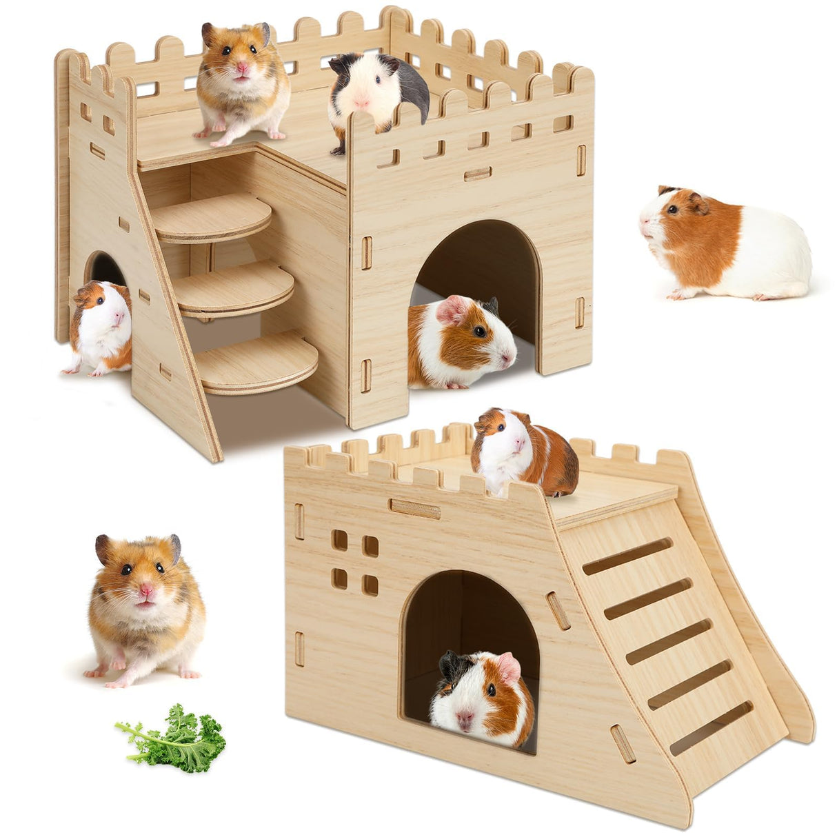 PETKNOWS 2 Pack Hamster Houses and Hideouts, Easy to Assemble Wooden Hamster Castle Small Animal House Bed with Stairs